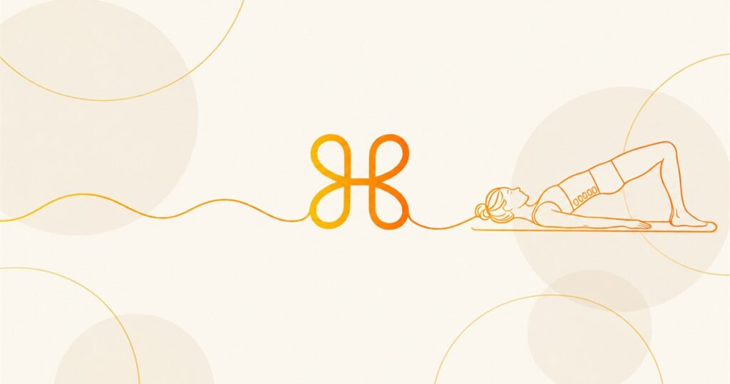 איור קו של מתאמנת בגלגול אגן על מזרן, עם חוליות עמוד השדרה המותני, וסמל Body Science על הקו