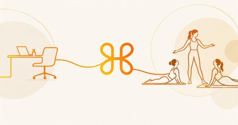 איור קו: שולחן משרד וכיסא, סמל Body Science, ומדריכה שמלמדת שתי מתאמנות על מזרנים
